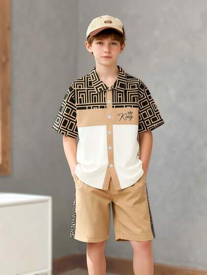 男童夏季短袖衬衫短裤套装（2件套），简约字母印花衬衫搭配纯色短裤，时尚舒适，适合户外、街头、日常聚会、校园穿着。
