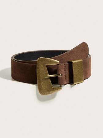 1条复古西部风格咖啡色绒面革女士腰带，Y2K朋克风古铜色不规则搭扣装饰纯色腰带，牛仔风，女士时尚配饰腰带，适合搭配裤装、休闲装、连衣裙，西部风格配饰，适合户外、街头、校园、度假、约会、聚会、派对、音乐节等场合。