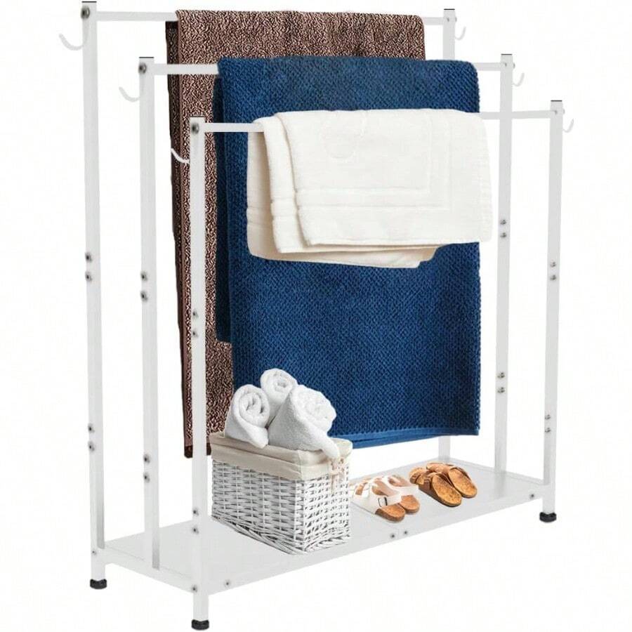 Extra Large Free Standing Towel Rack With Metal Storage Shelf 6 Hooks For Bathroom 3 Tiers Heavy Duty Blanket Drying Stand Holder For Outdoor Pool Bedroom Living Room White - 白色 - 查看 1