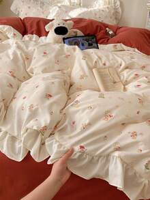 4pcs Lace Bedding Set, Soft & Comfortable Bedroom Linens, Lace Design, Cartoon Pattern, Breathable & Soft All-Season Bedding Set, Including 1 Duvet Cover, 1 Bed Sheet, 2 Pillowcases, No Filling, Suitable For Bedroom, Dorm, Home Use, Multiple Sizes Available - Red - View 1