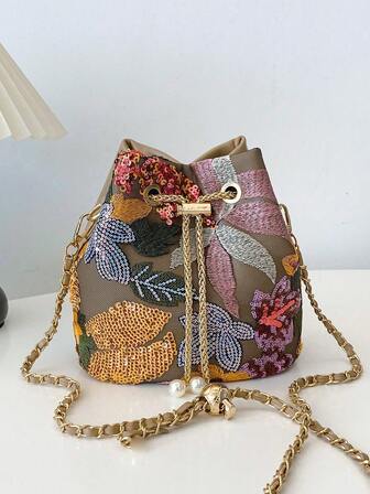 1pc Colorful PVC Floral & Leaf Embroidery Linen Bucket Bag, New Holiday Style Shoulder Bag, Fashion Versatile Chain Crossbody Bag Suitable For Shopping, Wallet, Young Women, College Students, Newlyweds, Office Ladies. Perfect For Office, University, Work, Business, Commute, Outdoor Activities, Travel And Picnics