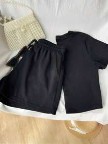 YOKASA Conjunto de camiseta holgada informal de verano de manga corta para mujer, que incluye pantalones cortos, estampado de cerezas, cuello redondo, patrón de letras, tela informal simple, estilo deportivo, adecuado para el uso diario. Conjunto de dos piezas para mujer: camiseta informal de manga corta con cuello redondo y pantalones cortos con cordón y adornos de cerezas, confeccionados en tejido de elasticidad media.2 pcs,190g Pure Heavy,95%Polyester 5%Spandex - Negro - YH1596 - Ver 5