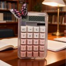 Calculadora con pantalla grande de 10 dígitos con decoración extraíble de mariposa 3D, carcasa transparente rosa, operaciones aritméticas básicas + función de porcentaje, decoración de escritorio linda / herramienta de cálculo práctica para estudio y oficina - Rosa - Ver 1