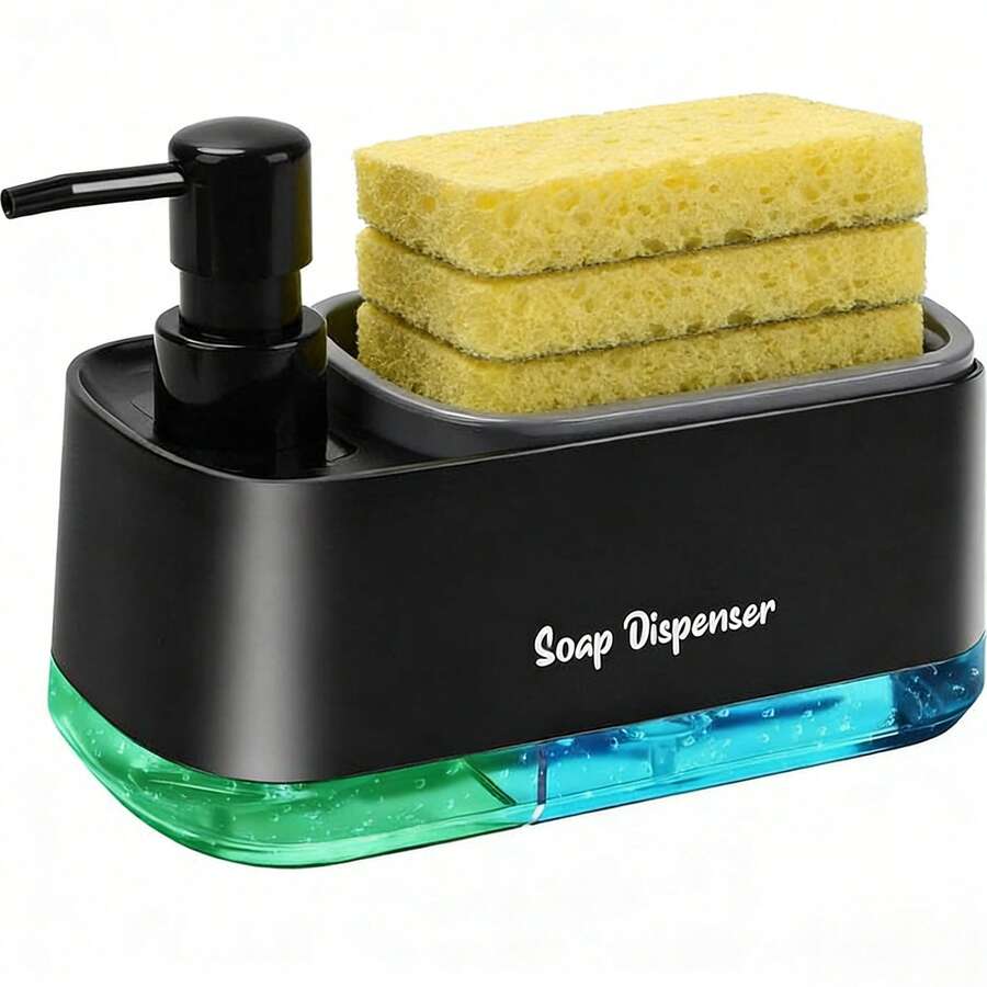 Kitchen Dish Soap Dispenser SetDish And Hand Soap Dispenser With Sponge Holder, 3-In-1 Countertop Sponge Dual Soap Pump Dispenser For Kitchen Sink - 黑色 - 查看 1