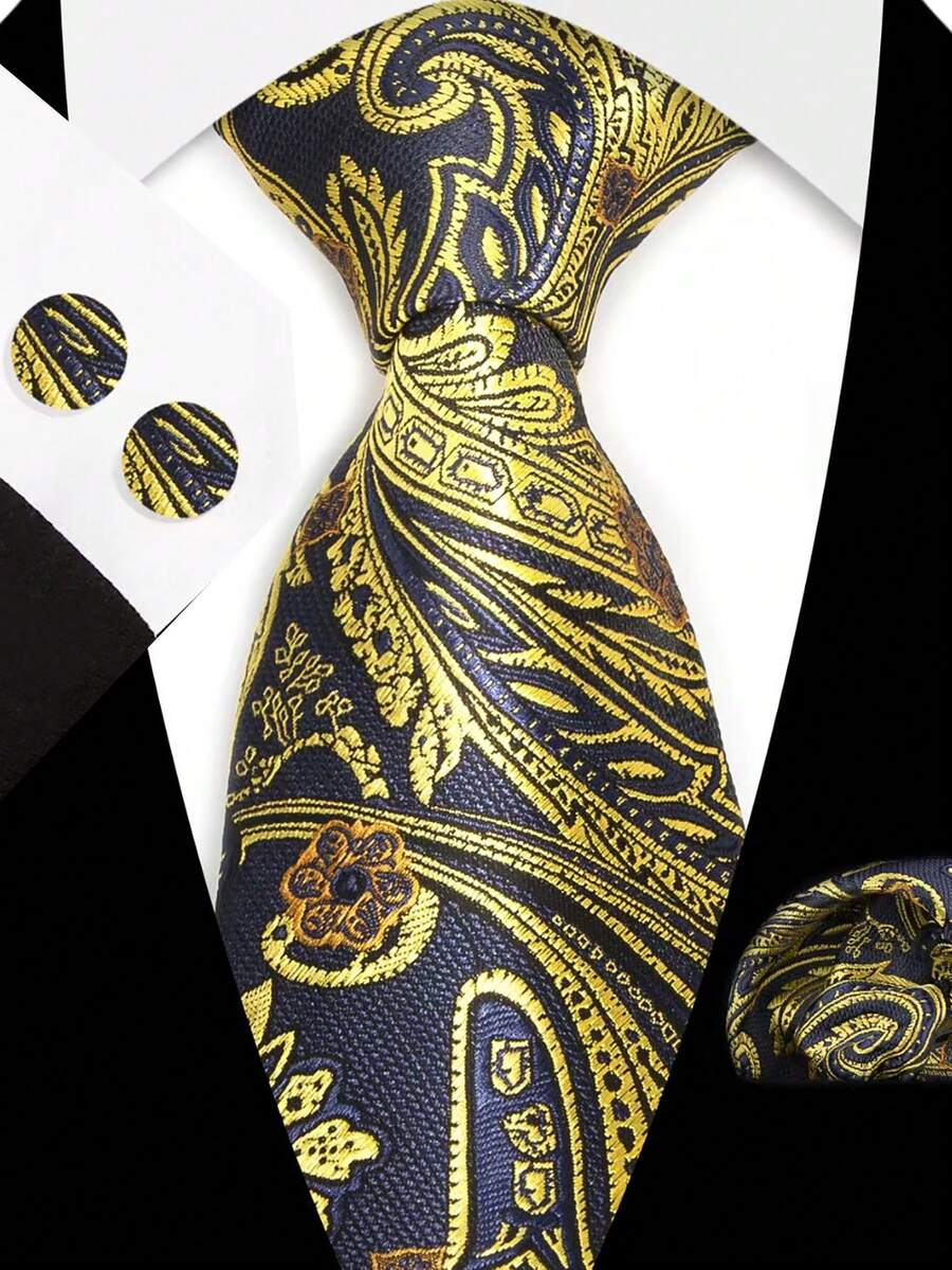 Men Tie Sets Classic Fashion Necktie Set With Cufflink For Business Party - Gold - View 1