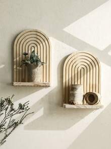 1pc Boho Wave Pattern Wooden Wall Frame, Rainbow Arch Wooden Hanging Storage Rack, Farmhouse Style Hanging Plant Shelf, Multi-Functional Wall Mounted Bookshelf And Display Rack, Easy To Install, Versatile Home Decor For All Seasons, Perfect Gift For Back-To-School Rainbow Decor - Can Be Used To Display Candles, Decorations, Books, Suitable For Bedroom, Living Room, Entryway (Color And Style Random) - Apricot - View 4