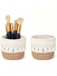 1pc Handmade Woven Cosmetic Storage Box, Makeup Organizer, Mini Basket, Boho Decor Basket, Small Storage Basket, Boho Beach Style Room Decor, Makeup Brush Holder, Brush Holder, Ivory Color Pouch, Brush Holder, Brush Rack, Perfume Storage Box, Cosmetic Bag, Gift For Her, Christmas Gift, Ideal For Bedroom, Living Room, Office, Back To School , Makeup Room Decor - Multicolor - View 11