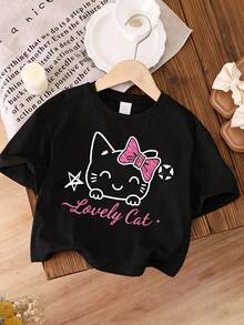 女童短袖T恤，饰有蝴蝶结和猫咪图案，宽松休闲，百搭童装，女童服装 - 黑色 - 查看 2