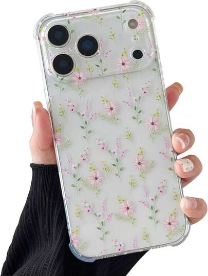 简约粉色花卉印花手机壳，兼容 11/12/13，四角气垫防摔保护；简约透明印花手机壳，兼容 14/15/16；简约柔软硅胶防震防滑手机保护壳，兼容 13；简约柔软硅胶防震防滑手机保护壳，兼容 17 Pro Max