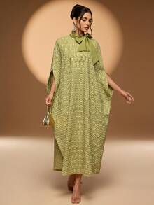 Modest Abaya With Tie Neck And Batwing Sleeves Long Woven Fabric Half Sleeve Design For Women - Green - View 1