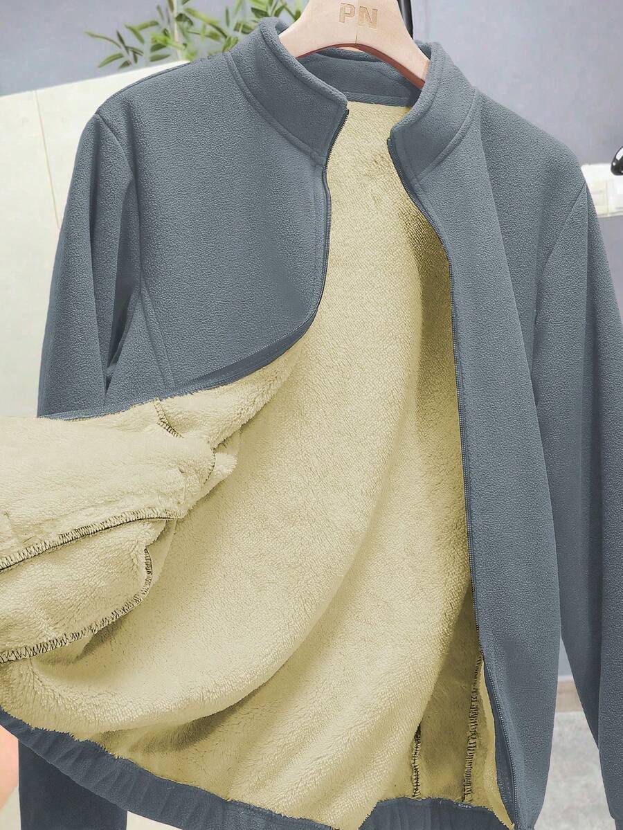 Jaket Fleece Wanita Warna Polos Musim Gugur/Dingin, Mantel Fleece Domba Dua Sisi dengan Resleting Bulu Koral, Kantong Terintegrasi, Sederhana dan Sporty - Grey - View 1