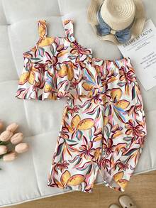 2件套女童休闲时尚荷叶边水果印花吊带背心+裤子套装，夏季 - 黃色 - 查看 2