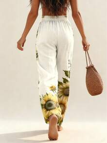 Plus Size Women's Straight Leg Casual Pants With Sunflower Print, Drawstring Elastic Waist Wide Leg Trousers, Breathable & Soft For Vacation, Casual, Spring/Summer With Floral, Leaf Pattern, Knot Drawstring - Light Yellow - View 6