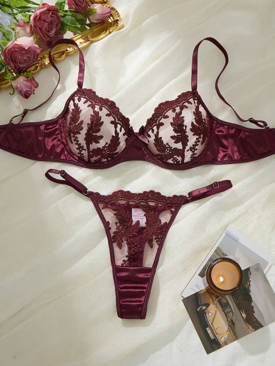 Sexy Christmas Costume,Burgundy 2pcs/Set Women Sexy Lingerie Set, Single-Layer Mesh Push Up Bra And Thong, Intimate Apparel For Couples That Reveals The Feminine Charm, See-Through Bra, Bralettes For Women,Club Outfits Women Sexy - 褐紫 - 查看 1