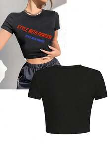 ملابس علوية قصير مخصص للنساء - نص مخصص على الأمام/زي الفريق/الرقم الحظي/رقم ملابس علوية اللاعب/ذكرى/الاسم/اسم الزوج/عيد ميلاد أفضل صديق/ملابس علوية صيفية بأكمام قصيرة - الأسود - مشاهدة 2