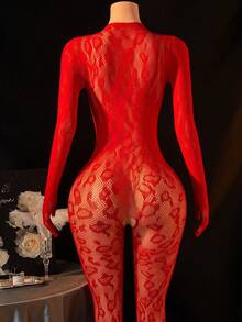 女士性感高领豹纹蕾丝连体衣，前开襟长袖透视网纱睡衣 - 紅色 - 查看 2