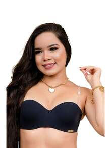 Sutiã Costa Silicone Top Tomara Que Caia Feminino Push Up Halter Alça Removível - Preto - Visão 5