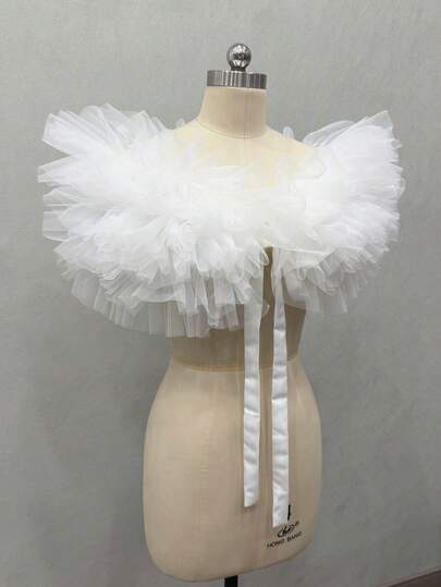 1個 ブラックチュール&メッシュ ブライダルショール、フワフワ ショート ホワイト ウェディング ショートボレロ アクセサリー