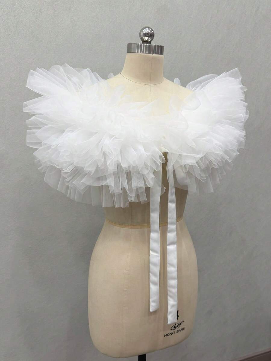 1pc Black Tulle & Mesh Bridal Shawl, Fluffy Short White Wedding Shrug Collar Accessory,Elegant,Birthday