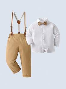 BOARNSEORL Young Boys Gentleman Outfit - White Long Sleeve Shirt With Bow Tie And Red Pants, Fashionable & , Suitable For Outdoor Weddings, New Year Parties, Christmas Parties, Birthdays, 1st Birthday Parties - Khaki - View 2