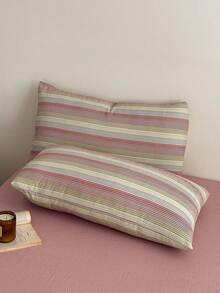 Pink Striped Pattern 4-Piece Bedding Set (1 Duvet Cover, 1 Flat Sheet, 2 Pillowcases), Minimalist Style Without Filling, Soft & Comfortable Bedroom Bedding Set, Suitable For Bedroom, Dorm, Home, Multiple Sizes Available, All Season