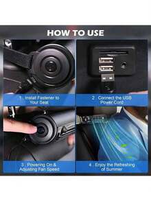 即时制冷后座USB车载风扇 | 便携式静音无刷电机 | 三档风速可调，适用于所有车型（SUV、轿车、房车、卡车） | 缓解座椅闷热，促进空气流通，无需电池