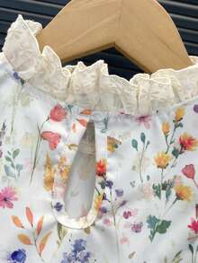 两件套女童休闲荷叶边上衣和碎花阔腿裤套装，甜美夏日装扮 - 青檸色 - 查看 6