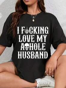 % Cotton Unisex I Fu*King Love My Husband Funny Wife Skull-Shirt - Black - View 1
