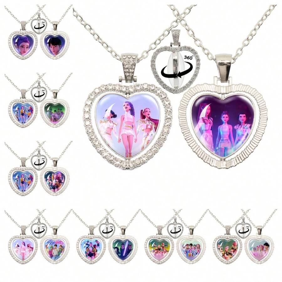 1套1件电影主题双面旋转项链，钻石项链，心形项链，心形钻石链，恶魔猎人团队时间宝石，心形水钻双面旋转项链，新年礼物，情人节礼物，复活节礼物（随机款式） - 彩色 - 查看 1