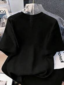 Camiseta de manga corta con cuello redondo y estampado de letras, de uso casual y versátil para uso diario, para niñas preadolescentes - Negro - Ver 2
