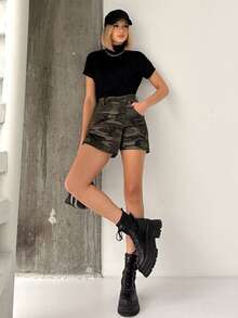 Camouflage Pattern Denim Shorts Skirt Casual None Button Zipper Beach - Army Green - View 3
