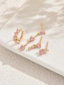 4pcs/Set Valentine's Day Pink Heart Earrings, Elegant Gift Jewelry Set For Women - Pink - View 3