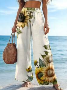Plus Size Women's Straight Leg Casual Pants With Sunflower Print, Drawstring Elastic Waist Wide Leg Trousers, Breathable & Soft For Vacation, Casual, Spring/Summer With Floral, Leaf Pattern, Knot Drawstring - Light Yellow - View 3