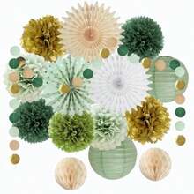 Decoración de fiesta verde salvia verde oliva color verde salvia dorado pompones de papel de seda con lunares circulares guirnalda de cuerda para colgar para salvia verde baby shower boda - Salvia Verde Oliva - Ver 2