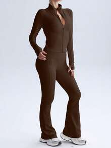 PinkTip Pink Tip 女士纯色无缝弹力外套和紧身裤运动套装，提臀修身柔软裤，休闲运动服，适合日常、健身、锻炼、跑步、瑜伽、普拉提等运动。 - 棕色 - 查看 7