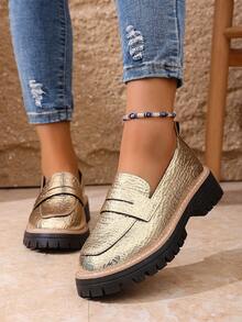 女士时尚厚底坡跟乐福鞋 - 金色 - 查看 2