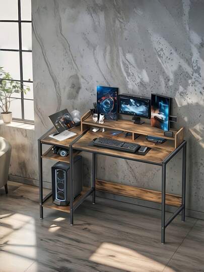 MINOSYS computadora para juegos de computadora, computadora de oficina en casa de 47 pulgadas con almacenamiento, computadora de escritura rústico con soporte para monitor, mesa de esquina moderna y simple, espacio de almacenamiento ajustable.