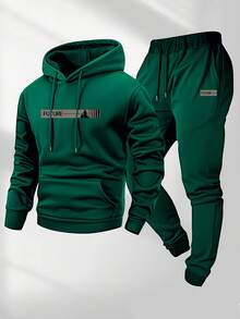 Men's Two-Piece Set, Casual Round-Neck Long-Sleeved Hooded Sweatshirt And Sweatpants Set, Suitable For Winter And Autumn, Sportswear Set, Sweater Hooded Shirt, Sweatshirt, Sweatpants, Hooded Shirt, Jogging Pants,The Size Is A Bit Small. It Is Recommended To Choose A Larger Size. - 墨綠色 - 查看 2