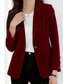 Spring New Arrival Commute/Casual/Light Date Women's Solid Burgundy Velvet Blazer: Long Sleeve With Button Cuffs, Single-Breasted Design, Blazer Lapel, Casual Jacket