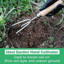 SELPONT arden Hand Cultivator Stainless Steel Handheld Triple Claw Hand Rake with Ergonomic Wooden Handle and Leather Strap Heavy Duty Garden Tilling Tool for Weeding Turning Soil Cultivating - plata - Ver 3