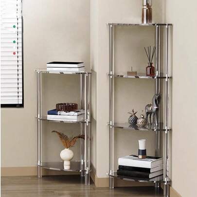 Bộ bàn kết hợp góc tam giác bằng acrylic, bàn làm việc có ngăn chứa đồ 2/3/4 tầng, kệ lưu trữ nhiều tầng hình tam giác bằng acrylic, giá trưng bày đặt sàn.
