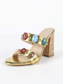 Women's Colorful Gemstone Decor Mid-Heel Chunky Heel Contrast Pattern Open Toe Slip-On Sandals, Suitable For Vacation, Work, Date, Party In Summer, Gold Mid-Heel Sandals - Gold - View 7