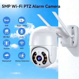 Cámara de inalámbrica para exteriores de 5MP, cámara domo PTZ, detección de movimiento, visión nocturna infrarroja, zoom 5X, audio bidireccional, resistente al agua IP66, vigilancia inteligente