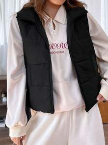 1pc Tween Girl Loose Fit Thicken Versatile Fashion Stand Collar Vest Jacket, Casual Autumn/Winter - Black - View 5