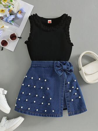 2pcs/Set Fashionable Young Girls Casual Sleeveless Top + Studded Denim Skirt Pants Outfit