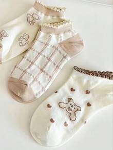 3 pares de calcetines de tobillo transpirables con diseño de osos y corazones lindos para mujer - Multicolor - Ver 3