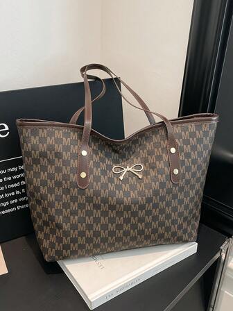 2025 New Casual Large Capacity Rhombus Pattern Solid Color Bow Handbag, Minimalist Fashion Tote Bag