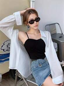 女士轻薄长袖防晒衬衫 - 夏季系带领口和后背设计，半透明纯色上衣，适合春、夏、秋季穿着，可机洗，休闲时尚外套，透气面料，OL通勤衬衫，白色 - 白色 - 查看 2