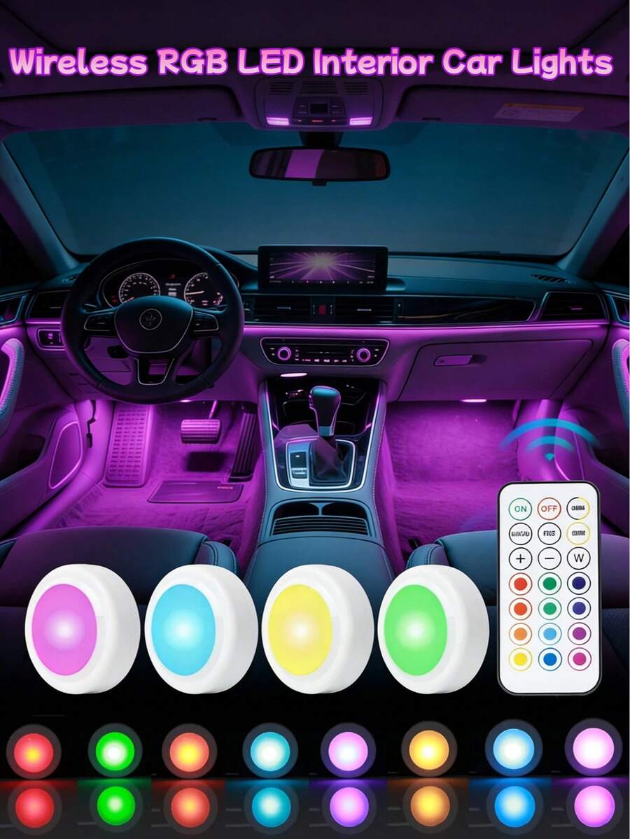 3pcs/Set Car Colorful Decorative Lights, RGB Remote Control Foot Lights, High Brightness Multi-Mode Atmosphere Lights, 13-Color Interior LED Lights, Interior Night Lights, Suitable For Vehicle & Home Decor, Touch-Sensitive Atmosphere LED Foot Lights, High Brightness Multi-Mode Atmosphere Lights (Batteries Not Included) - A - View 1
