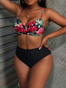 Bộ bikini mùa hè dành cho nữ cỡ lớn, phối họa tiết hoa lá, phong cách Bohemian, thích hợp cho kỳ nghỉ biển. - Họa tiết hoa màu đen - Xem 3